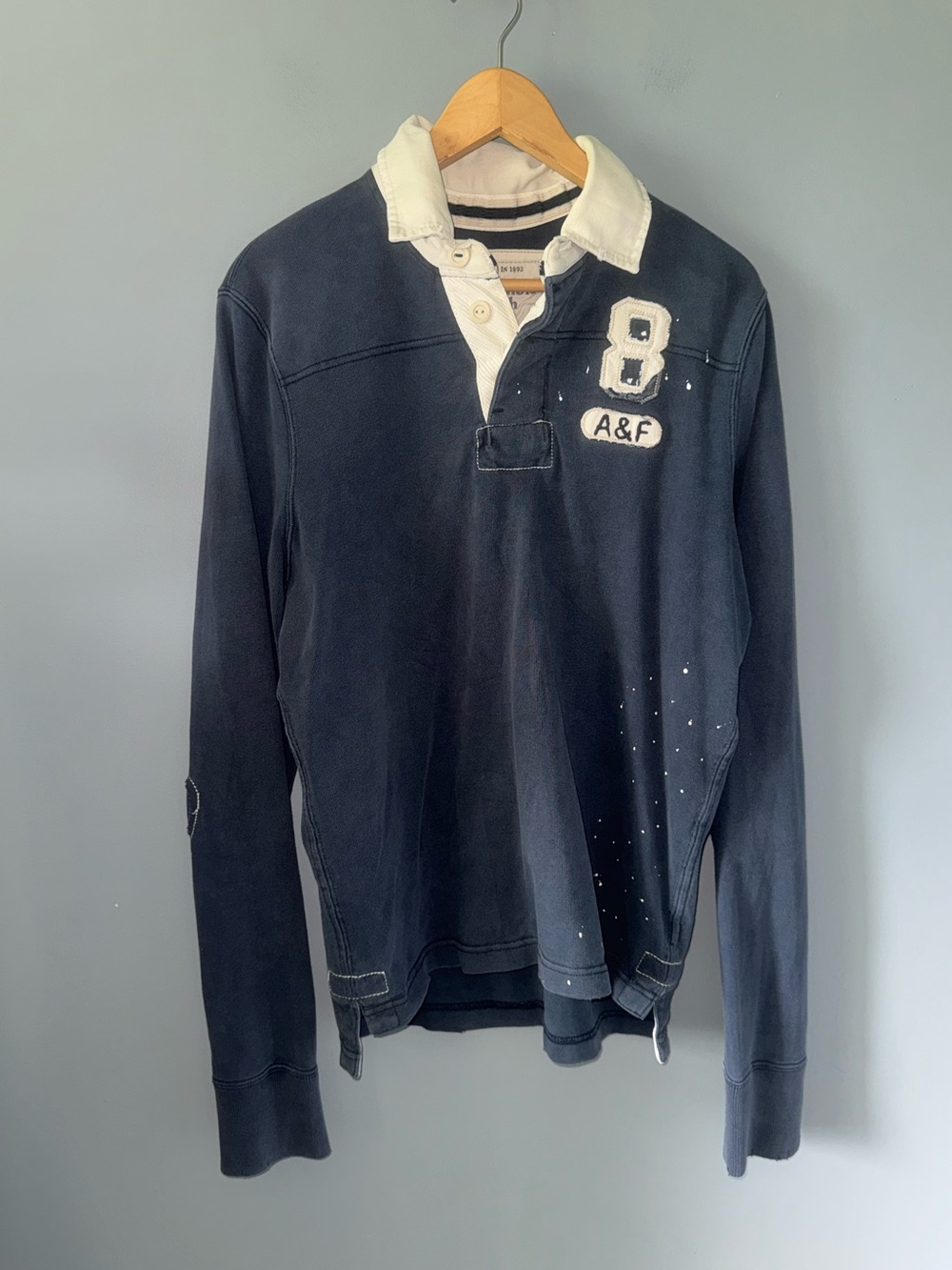Y2K Abercrombie & Fitch Navy Rugby Polo Shirt Distressed Paint Splatter vintage
